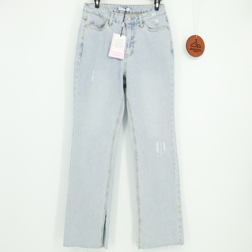 Avec Les Filles Light‎ Wash Distressed Denim Jeans Side Slits Size 27 Raw Hem